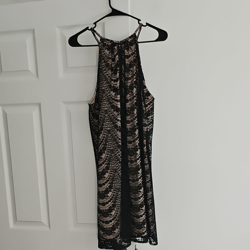 London Times Black Lace over Nude Slip Petite Dress - Picture 2 of 3